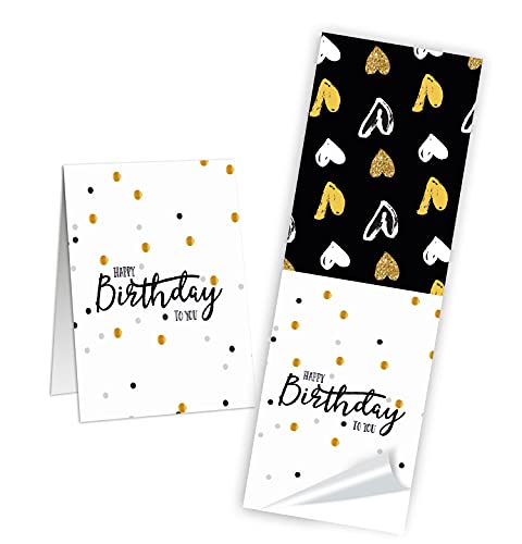 Logbuch-Verlag 100 lange Geschenkaufkleber HAPPY BIRTHDAY schwarz gold weiß mit Herzen - Aufkleber Verzierung Geburtstagsgeschenk 5 x 14,8 cm von Logbuch-Verlag