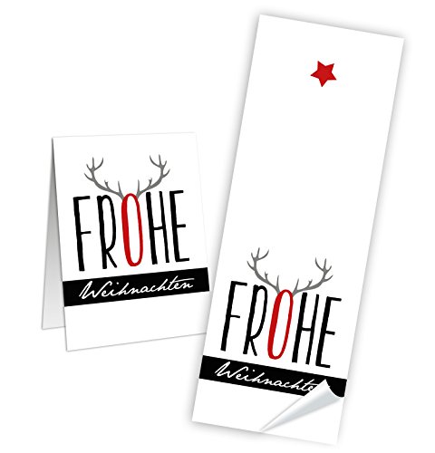 Logbuch-Verlag 100 weiße Aufkleber Sticker FROHE WEIHNACHTEN Rentier Hirsch rot schwarz 5 x 14,8 cm Verpackung Geschenke Papiertüten weihnachtlich von Logbuch-Verlag