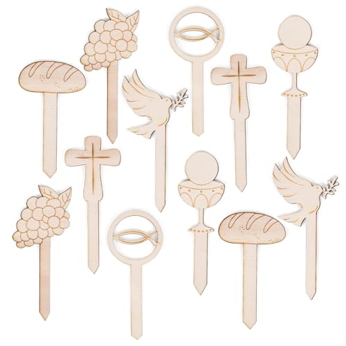 Logbuch-Verlag 12 kleine Kommunion Deko Caketopper Muffin Kuchen Holzstecker für Taufe Tortendeko Kuchendeko christliche Symbole 10 cm von Logbuch-Verlag