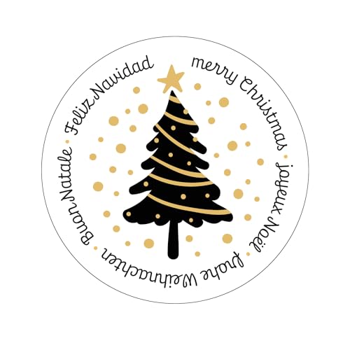 Logbuch-Verlag 200 Weihnachtsaufkleber auf Rolle Frohe Weihnachten Merry Christmas Weihnachts Sticker international schwarz gold Ø 5 cm von Logbuch-Verlag