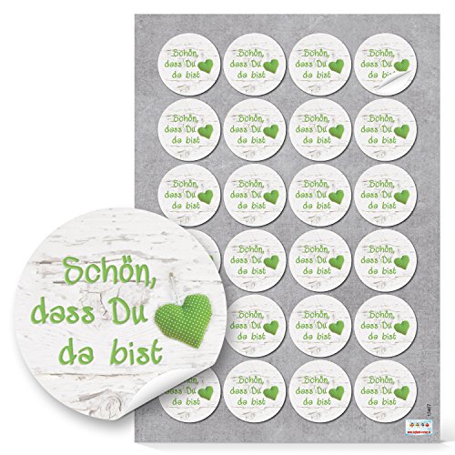 Logbuch-Verlag 24 Schön dass Du da bist Text Aufkleber für give-aways Geburtstag Taufe sommerlich 4 cm rund weiß hellgrün von Logbuch-Verlag