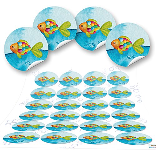 Logbuch-Verlag 24 Fische Aufkleber Regenbogen Fisch Sticker für Kommunion Taufe Konfirmation Geschenkaufkleber türkis bunt 4 cm von Logbuch-Verlag