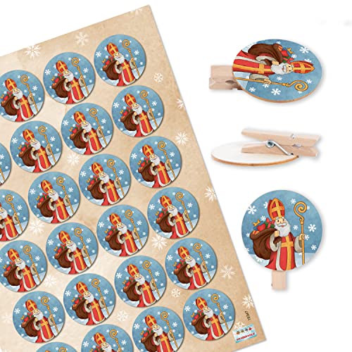 Logbuch-Verlag 24 Holz Klammern mit Sticker HEILIGER NIKOLAUS - Geschenk Verzierung Nikolaussack Nikolausgeschenk von Logbuch-Verlag