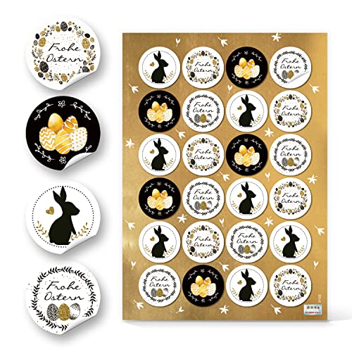 Logbuch-Verlag 24 Oster Sticker schwarz weiß gold - Osteraufkleber Ostersticker selbstklebend rund Ø 4 cm - Frohe Ostern Dekosticker von Logbuch-Verlag