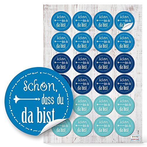 Logbuch-Verlag 24 Schön, dass du da bist Aufkleber blau türkis weiß Ø 4 cm Hochzeit Geburtstag Gäste WillkommenTaufe Tischdeko Gastgeschenk von Logbuch-Verlag