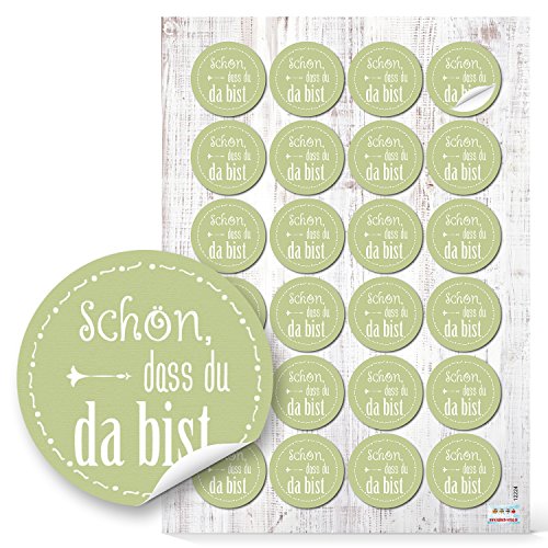 Logbuch-Verlag 24 SCHÖN DASS DU DA BIST Aufkleber RUND hellgrün GRÜN weiß lindgrün maigrün Etikett selbstklebend Sticker Verpackung Gastgeschenk give-away Gäste Deko 4 cm von Logbuch-Verlag