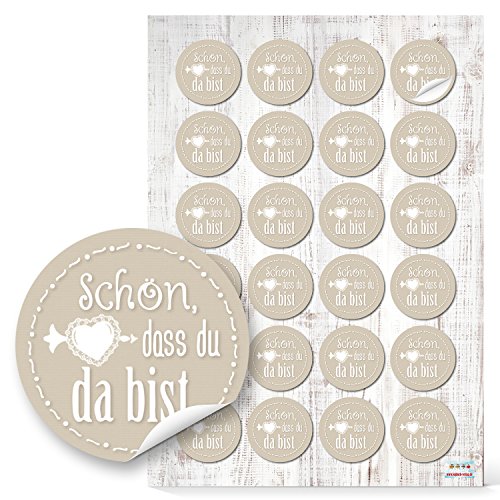 Logbuch-Verlag 24 Schön dass du da bist Aufkleber beige cremefarben 4 cm Hochzeit Geburtstag Tischdeko Gastgeschenk Verzierung von Logbuch-Verlag