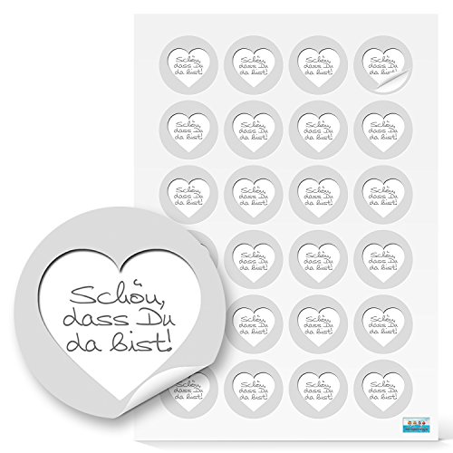 Logbuch-Verlag 24 SCHÖN DASS DU DA BIST Aufkleber weiß grau silber Deko Sticker Etiketten rund 4 cm Geschenkaufkleber Hochzeit rund 4 cm Herz von Logbuch-Verlag