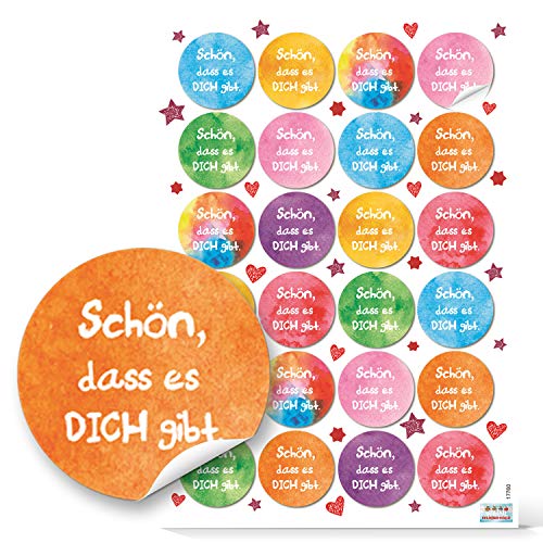 Logbuch-Verlag 24 bunte runde Aufkleber SCHÖN DASS ES DICH GIBT 4 cm Sticker Etiketten Verpackung Geburtstag Freunde Familie Kinder Geschenk von Logbuch-Verlag