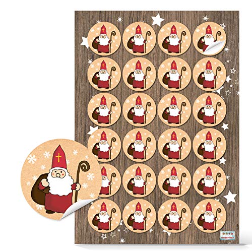 Logbuch-Verlag 24 kleine Nikolaus Aufkleber beige rot weiß - rund 4 cm - Nikolausaufkleber Weihnachtsmann Sticker als Verzierung für Nikolausgeschenke von Logbuch-Verlag