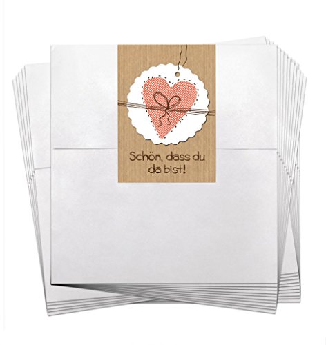 Logbuch-Verlag 24 kleine Papiertüten weiß 13 x 18 cm +. 25 Aufkleber SCHÖN DASS DU DA BIST beige rot - Tischkarte Gastgeschenk Verpackung alle Feste von Logbuch-Verlag