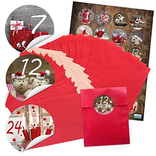 Logbuch-Verlag 24 kleine rote Papiertüten Adventskalender Tüten mini zum Befüllen mit Adventskalenderzahlen Sticker 9,5 x 14 cm von Logbuch-Verlag