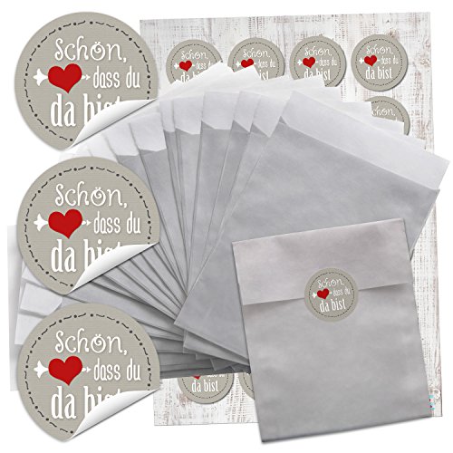 Logbuch-Verlag 24 mini Papiertüten silber 13 x 18 cm Schön, dass du da bist Sticker Gastgeschenk Verpackung von Logbuch-Verlag