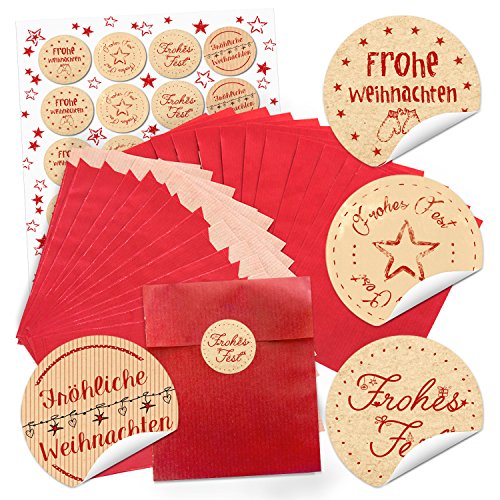 Logbuch-Verlag 24 rote Papiertüten Weihnachtstüten + 24 Aufkleber Weihnachten mit Weihnachtsgrüßen kleine Verpackungfür Geschenke 13 x 18 cm von Logbuch-Verlag