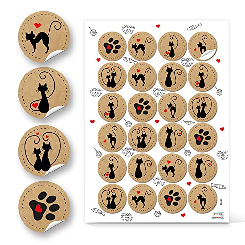 Logbuch-Verlag 24 runde Katzen Aufkleber natur schwarz rot - Tieraufkleber Katzensticker für Kinder rund 4 cm von Logbuch-Verlag