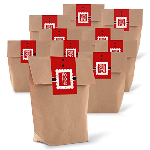 Logbuch-Verlag 25 kleine Weihnachten Tüten Papiertüten Verpackung Geschenke mit Banderole Aufkleber Kraftpapier rot braun weiß 14 x 22 x 5,5 cm HO HO HO von Logbuch-Verlag