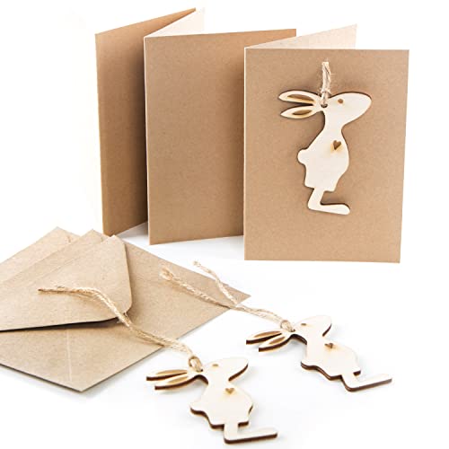 Logbuch-Verlag 3 Grußkarten Ostern mit Osterhase aus Holz - Osterkarte Klappkarte aus Kraftpapier mit Kuvert von Logbuch-Verlag