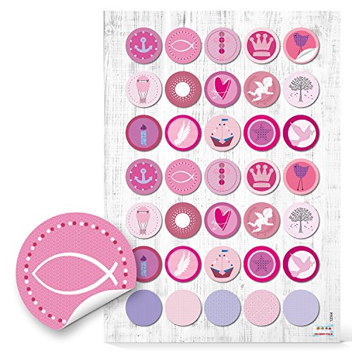 Logbuch-Verlag 35 Kindersticker rosa pink Aufkleber Kommunion Fische Anker Taufe Geburtstag Kinderaufkleber Mädchen rund 3 cm von Logbuch-Verlag