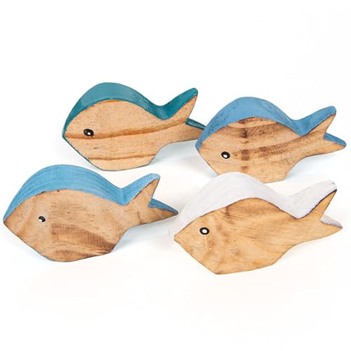 Logbuch-Verlag 4 kleine Fische Holzfische Deko Figuren aus Holz blau Kommunion Tischdeko weiß Sommerdeko maritim 9,5 cm von Logbuch-Verlag