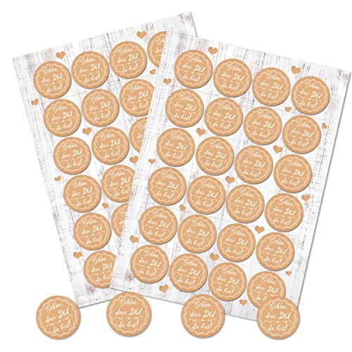 Logbuch-Verlag 48 SCHÖN DASS DU DA BIST Aufkleber rund beige natur braun weiß selbstklebend Sticker Geschenkaufkleber Hochzeit Geschenk Verpackung 4 cm von Logbuch-Verlag