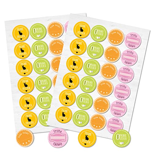 Logbuch-Verlag 48 runde Osteraufkleber Frohe Ostern Sticker Geschenkaufkleber Deko Verpackung Namensaufkleber gelb orange pink grün 4 cm von Logbuch-Verlag