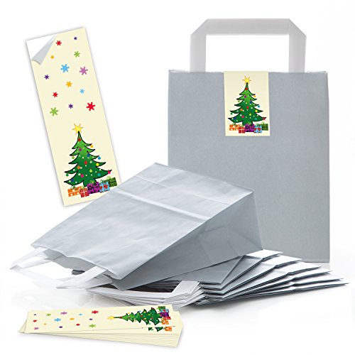 Logbuch-Verlag 5 graue Papiertüten mit Henkel + Weihnachtsaufkleber Baum Christbaum grün gelb - Henkeltasche Verpackung Weihnachten 18 x 8 x 22 cm silber von Logbuch-Verlag