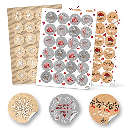 Logbuch-Verlag 72 Weihnachten Aufkleber rund Weihnachtsetikett selbstklebend Frohes Fest weiß rot grau natur SET Sticker weihnachtlich Etikett von Logbuch-Verlag