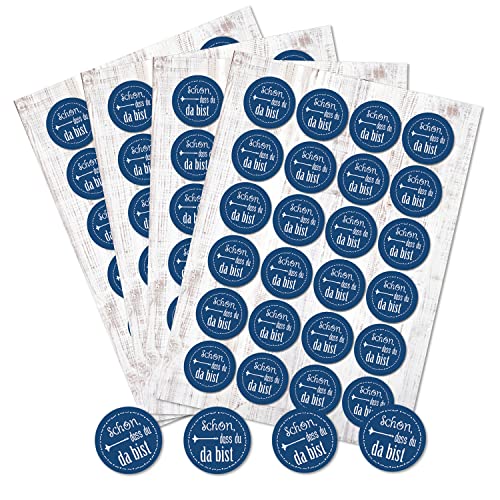 Logbuch-Verlag 96 Schön dass Du da bist blau weiß Sticker rund 4 cm Tischkarten Gäste Geschenke Tischkarten von Logbuch-Verlag