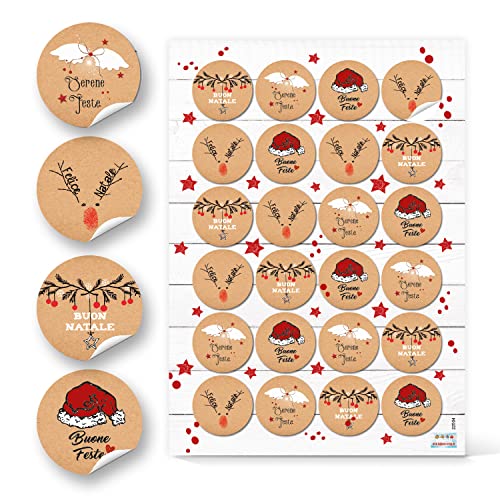 Logbuch-Verlag 96 Weihnachtssticker in Kraftpapier-Optik braun rot weiß - italienische Weihnachtsgrüße Buone Feste Ø 4 cm von Logbuch-Verlag