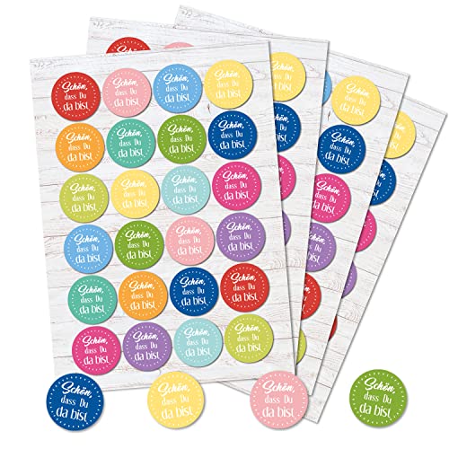 Logbuch-Verlag 96 runde SCHÖN DASS DU DA BIST Aufkleber BUNT Etiketten Sticker Feste Deko Geschenkaufkleber Verpackung Hochzeit Geburtstag Spruch 4 cm von Logbuch-Verlag