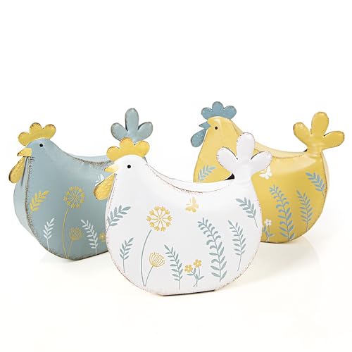 Logbuch-Verlag Deko 3 Hühner Deko Ostern aus Metall gelb weiß blau zum Hinstellen 15 cm Geschenk Küche Sommer Garten 15 x 13 cm von Logbuch-Verlag