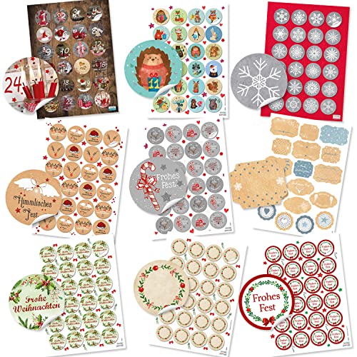 Logbuch-Verlag Weihnachtssticker Set 209 Weihnachtsaufkleber Ø 4 cm Adventskalender Zahlen + Weihnachtsmotive Frohe Weihnachten + Weihnachtsetiketten zum Beschriften von Logbuch-Verlag