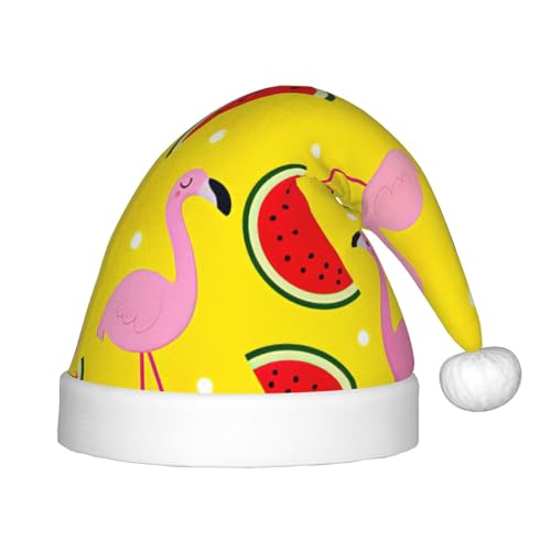 Logdgnk Pinker Flamingo- und Wassermelonen-Druck, Outdoor-Weihnachtszubehör für Unisex, Weihnachtsmannmützen zum Basteln, Partys und Weihnachtsmann-Mütze von Logdgnk