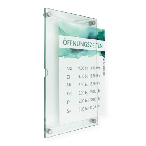 Logistic Sign System Wechselrahmen, schnelles austauschen von Informationen in DIN A3 Hochformat, Rahmenloses Sicherheitsglas (ESG) mit Edelstahlhaltern für Praxis, Büro (SICHERHEITSGLAS, DIN A3 hoch) von Logistic Sign System