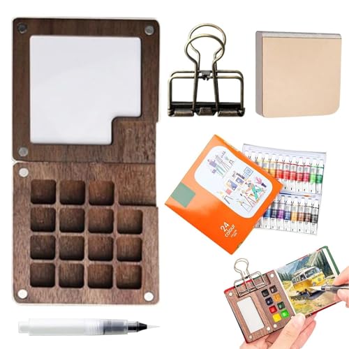 Reise-Farbpalette, Taschenkünstler, Aquarell-Reiseset mit Binderclip und Wasserstift, Mini-Aquarell-Skizzenbuch, Holzgitter, Farbkasten für Maler, Künstler, Studenten, im Freien (15 + 24) von Lohoom