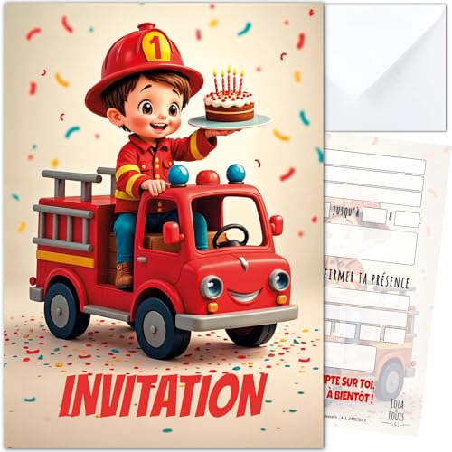 Lola et Louis® • 10 Einladungskarten für Kinder mit Umschlägen • Thema Feuerwehrauto für Geburtstag und Partys • leicht zu befüllen • Einladungen für Mädchen und Jungen • dickes Papier und von Lola et Louis (L&L)