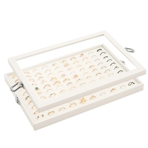 Lolalet Schmucktablett Organizer mit Deckel, 100 Raster Velvet Ring Organizer Aufbewahrungsbox für Schublade Schmuckschatulle, Schmuck Organizerblett Schmuckaufbewahrung für Ringe -Beige von Lolalet