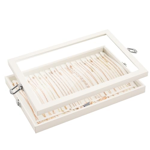 Lolalet Schmucktablett Organizer mit Deckel, 18 Hooks Velvet Halskette Organizer Aufbewahrungsbox für Schublade Schmuckschatulle, Schmuck Organizerblett Schmuckaufbewahrung für Halskette -Beige von Lolalet