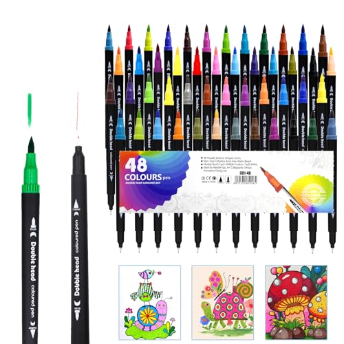 Lolileo 48 Farben Dual Brush Pen Set, Filzstifte Filzstifte Für Erwachsene, Pinselstifte Marker Fineliner, Mandala Stifte Für Erwachsene, Brush Pen Set Zeichnen Skizzieren Ausmalen Kalligraphie von Lolileo