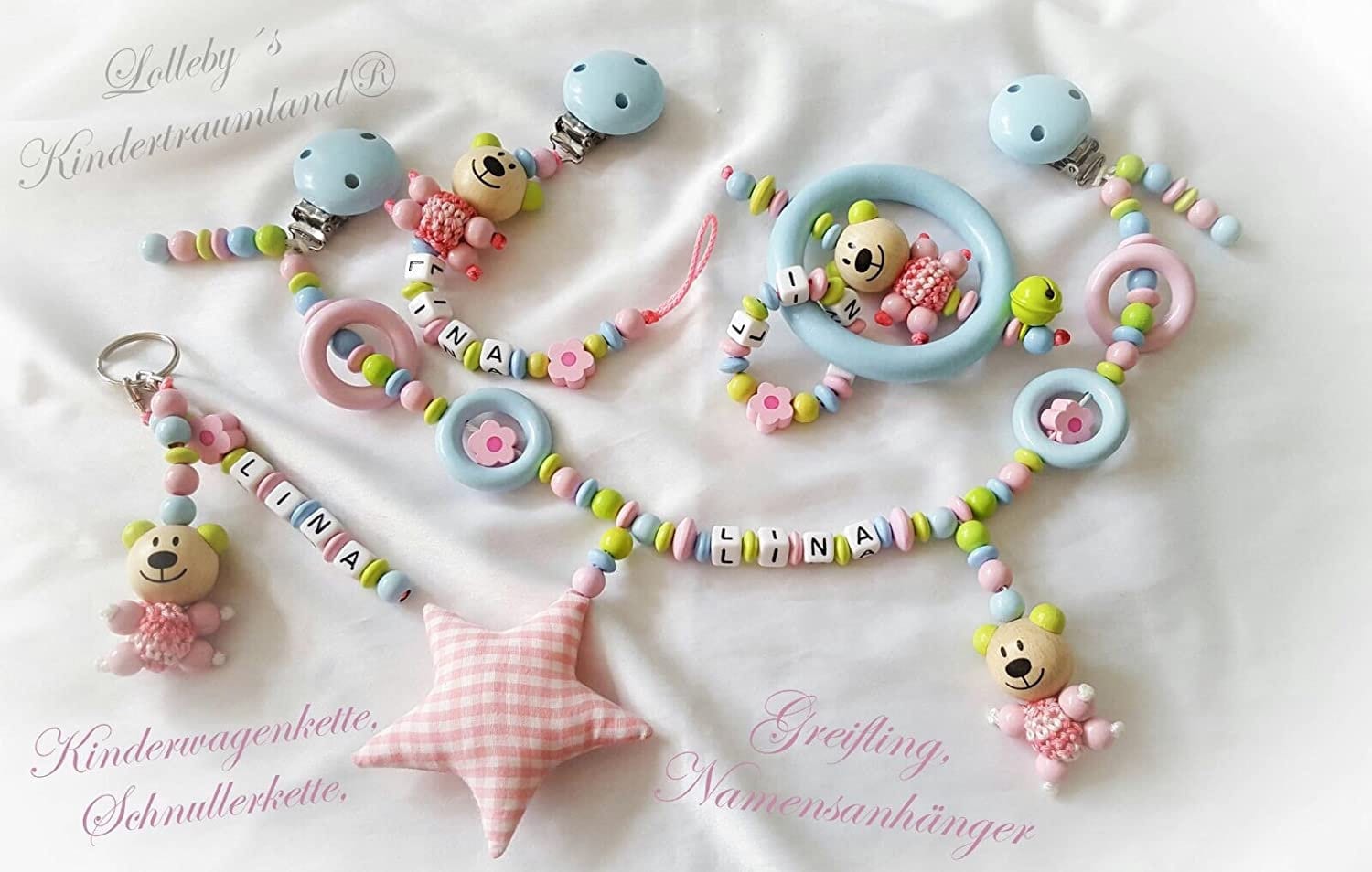 Kinderwagenkette Mit Namen - Geschenk Zur Taufe, Geburt | Komplett Set Lemon, Blau, Rosa von Lollebys