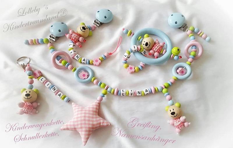 Kinderwagenkette Mit Namen - Geschenk Zur Taufe, Geburt | Komplett Set Lemon, Blau, Rosa von Lollebys