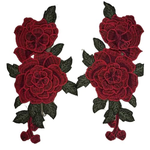 Lomjuytg 2 rote Stickerei Rose Blume Spitze Aufnäher Patch Trim Applikation für Kleidung Hochzeitskleid Applikation Dekor 23,6 x 12,4 cm von Lomjuytg