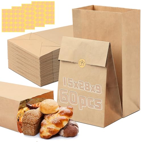 60 Stück Kraftpapier Tüten, 15x28x9cm Papiertüten Klein mit Aufkleber Braun Geschenktüten Flachboden Süßigkeitentüten Butterbrottüten Basteln Kraftpapie für Hochzeit Geburtstag Party Weihnachten von Lonely high heels