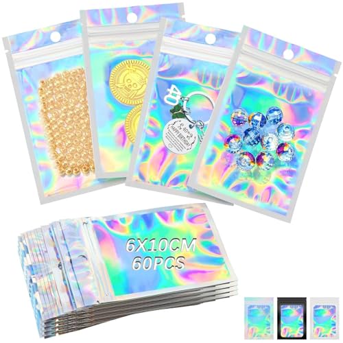 Baggys 60 Stk Mylar Bags Kleine Tütchen Folienbeutel Baggies Wiederverschließbare Beutel 6*10cm Mylar Beutel Holografische Beutel Tasche Transparentem Fenster Druckverschlussbeutel für Wimpern Schmuck von Lonely high heels