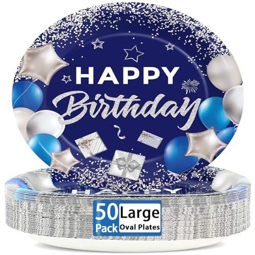 Ovale Pappteller, blau, 27,9 cm, groß, marineblau und silber, Happy Birthday Party-Dekorationen, Teller, strapazierfähig, Geschirr für Männer und Frauen, 50 Stück von Lonfliness