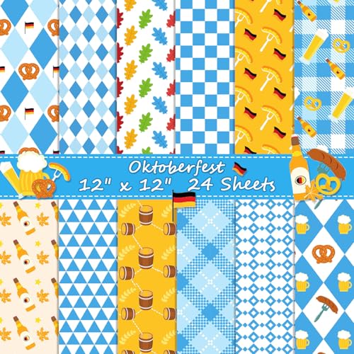 24 Blatt Blaue Serie Oktoberfest-Muster-Papier-Set, 30,5 x 30,5 cm, gemustertes Kartonpapier, dekoratives Papier für Kartenherstellung, Basteln, Scrapbook-Zubehör, Papier, Origami-Papier, von Longbest