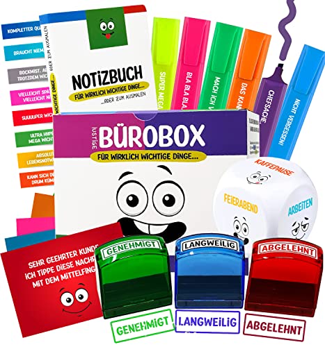 Lustige Büro Geschenk Box | Witzige Geschenkidee für Arbeitskollegen | 24-teilig | Textmarker, Anti-Stress Würfel, Notizblock, Stempel uvm. von Longfair