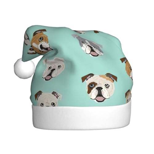 Longzehao Erwachsene Plüsch Deko Lustig Englische Bulldogge Druck Weihnachtsmütze Uni Weihnachtsmann Mütze Weihnachtsaccessoires von Longzehao