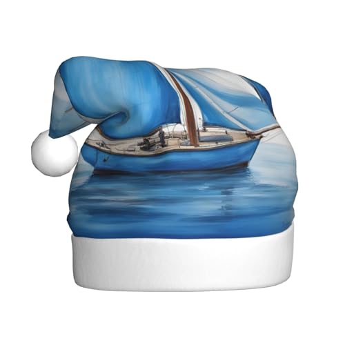 Longzehao Weihnachtsmütze für Erwachsene, Plüsch, dekorativ, blauer Segelboot-Druck, Uni, Weihnachtsmannmütze für Weihnachtszubehör von Longzehao