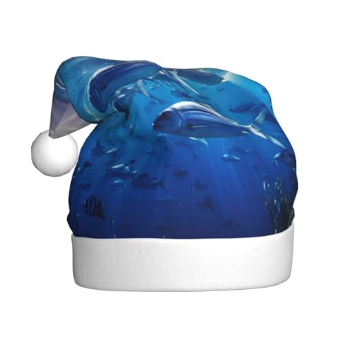 Longzehao Weihnachtsmütze für Erwachsene, blauer Ozean, Unterwasserfisch, Weihnachtsmannmütze, Uni, für Weihnachtszubehör von Longzehao